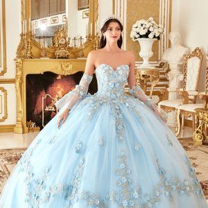 Quinceañera Gown SLEEVELESS DRESS EMBROIDERED WITH LACE UP BACK FLORAL APPLQIUE